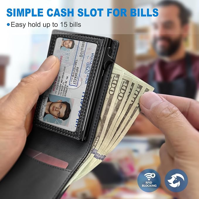 Wallet for Men, Slim Pop Up Card Holder with RFID Blocking, Minimalist Bifold Wallet with 9 Card Slots, ID Window and Cash Pocket, Metal Flip Case with Magnetic Closure, Gift Box - Image 4