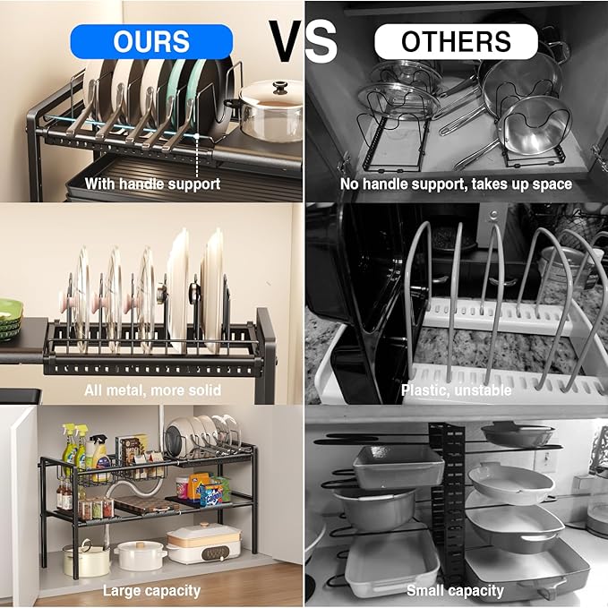 Mustorn Pots and Pans Organizer Under Cabinet, Expandable 2 Tier Under Sink Organizers Storage Adjustable Height Kitchen Pot and Pan Lid Holder Rack with 6 Dividers(4panels,2baskets,1 Pot rack,Black) - Image 5