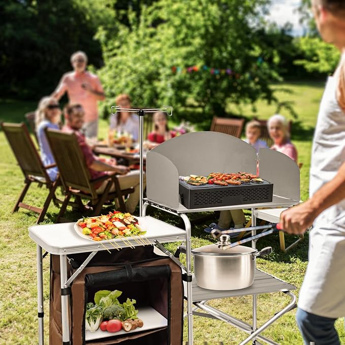 CampLand Folding Camping Kitchen Table with Windscreen,Portable Outdoor Cooking Station with Storage Cabinet & Side Tables Heavy Duty Camp Cook Station for Camping & BBQ（White） - Image 2