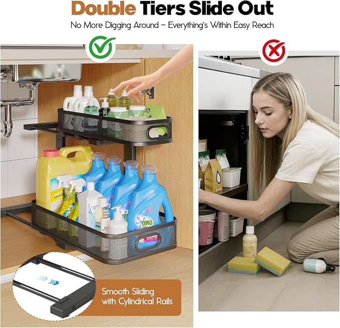 2 Pack 17.3IN-Depth Under Sink Organizer with Smooth Cylindrical Rail,2-Tier Pull Out Multi-Purpose Cabinet Storage for Bathroom&Kitchen,Height Adjustable,Rust-Resistant Coating-Black - Image 3