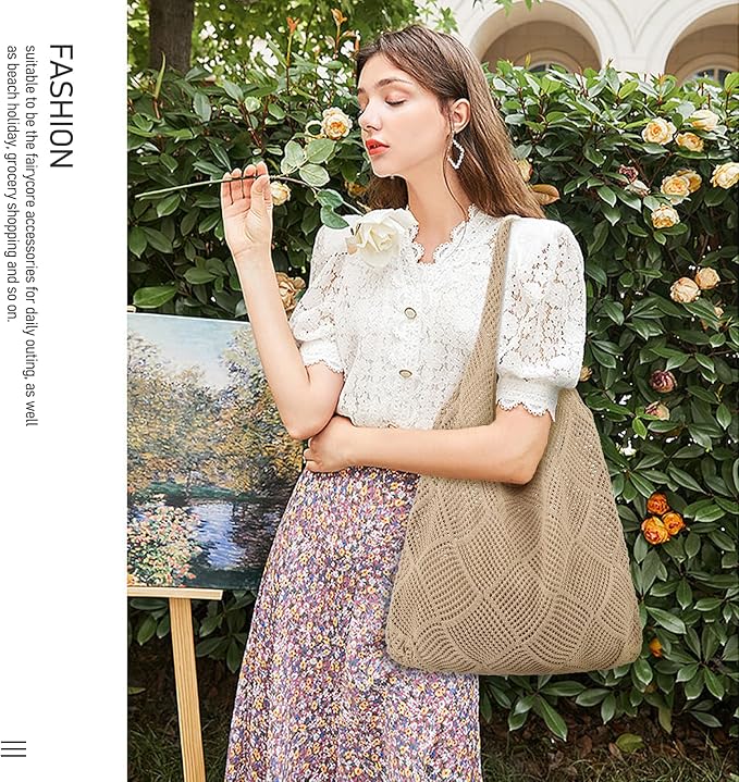 hatisan Crochet Bag for Women, Handmade Knit Beach Tote Bag Summer - Image 5