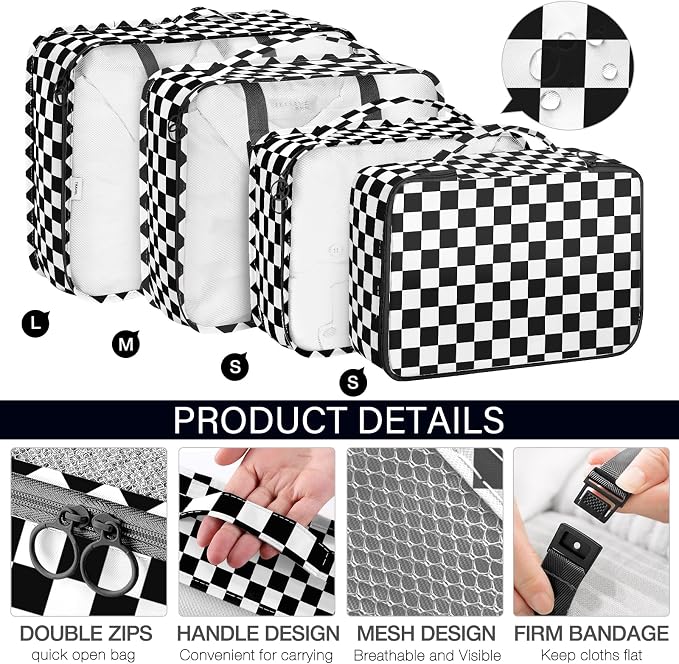 KPX 8 Set Packing Cubes for Travel, Luggage Packing Organizers Accessories Large Toiletries Bag for Clothes Shoes Cosmetics (8Set-Black Checkered) - Image 3