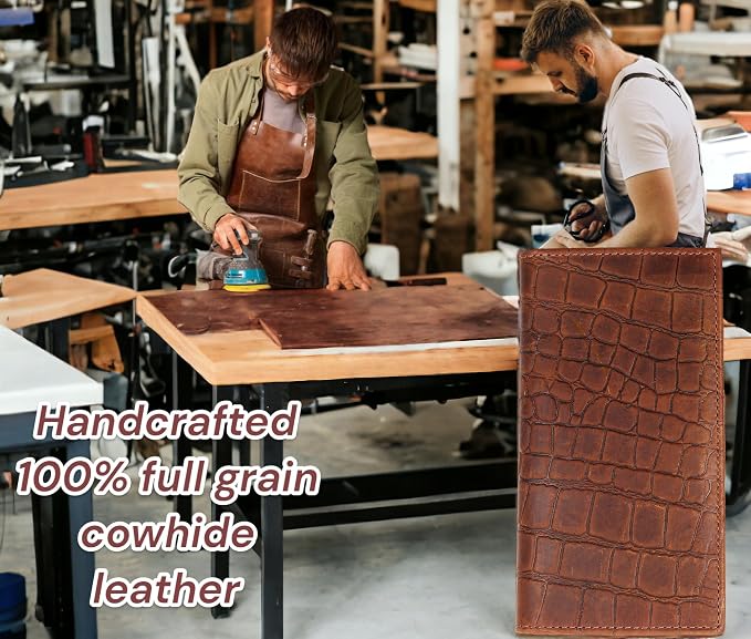 F&L CLASSIC Men's RFID Vintage Look Genuine Leather Long Bifold Wallet Checkbook Wallets,Crocodile style brown,240-70 - Image 4