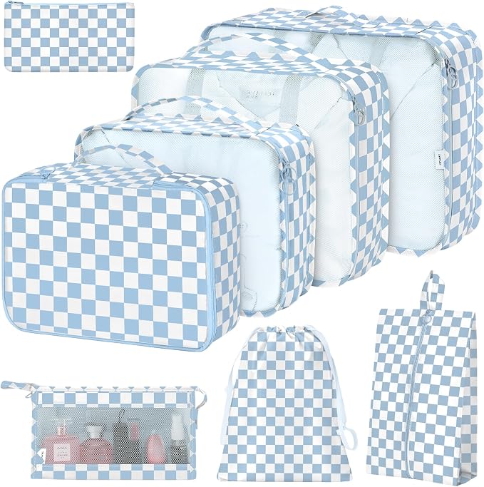 8 Set Packing Cubes for Suitcases, Packing Cube with Shoe, Cosmetics, Clothing, Accessories Bags Packing Cubes for Travel Luggage Organizer Women Men(Blue Checkered) by Hatisan