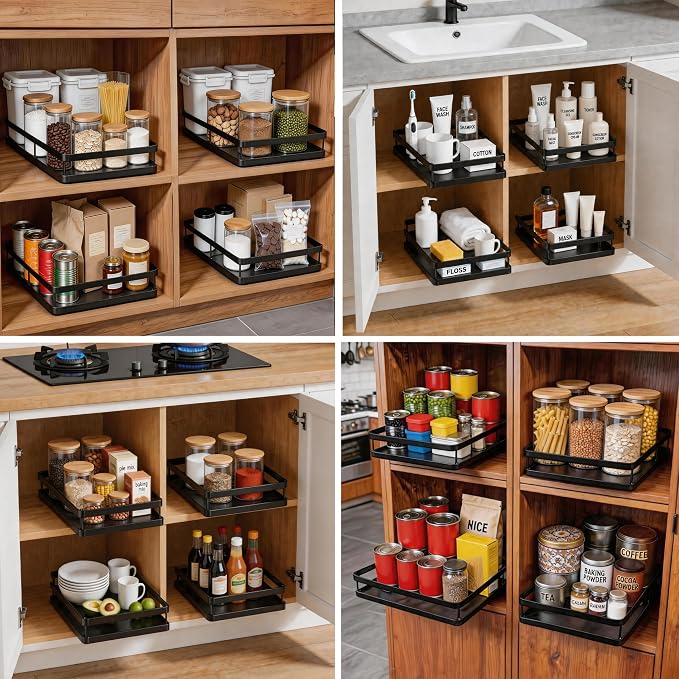AOVA Pull Out Under Sink Organizer, Single-Tier Metal Sliding Shelf | Carbon steel basket, smooth slide-out rails, no-drill adhesive setup, for kitchen, pantry and bathroom cabinets - Image 7