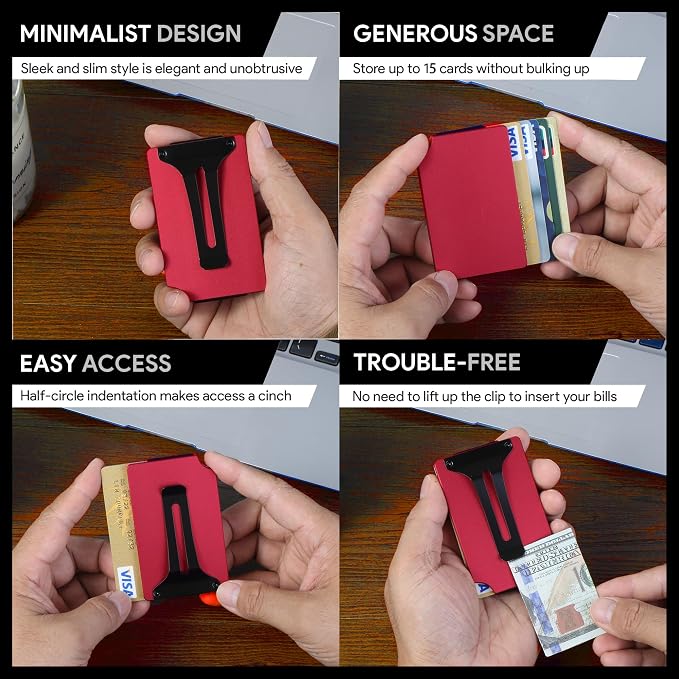 Minimalist Wallet for Men, Slim Metal RFID Blocking Wallet Credit Card Holder Money Clip & Cash Strap, Scratch-Resistant Holds 15 Cards,Ideal Gift for Men | Matt Red - Image 5