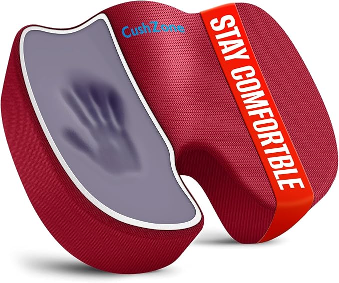 CushZone XL Memory Foam Seat Cushion for Office, Car & Wheelchair, Red | U-shaped Coccyx Cutout, Contoured Design, Breathable Removable Mesh Cover, Non-Slip Base, Carry Handle by CushZone