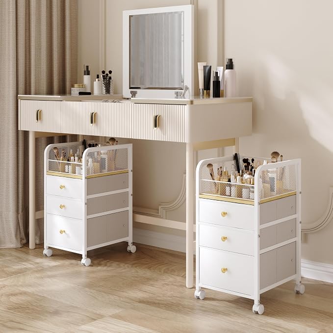 Rolling Makeup Organizer Cart with Drawers Under Desk Storage for Vanity | Vanity Cart Bathroom Storage Cart Cosmetic Vanity Display Cases Holder for Nail Polish Brush Hair Tool by ZQUYAJ