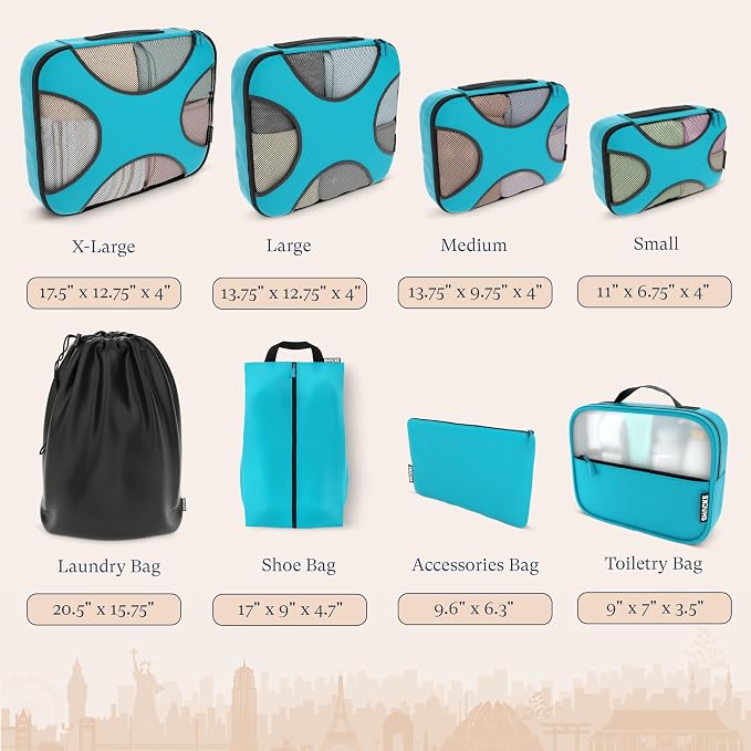 Shacke 8 Set Packing Cubes for Travel, Shoe & Toiletry Bags (Aqua Teal) | Complete Suitcase Organizer Bags Set: 4 Luggage Packing Cubes + Laundry, Shoe, Toiletry & Accessories Bags for Any Trip - Image 4