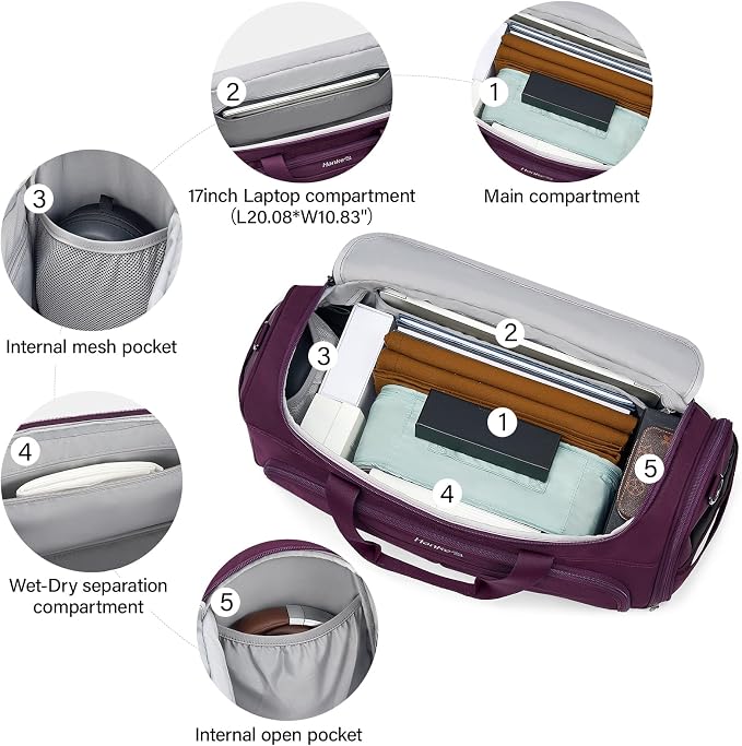 Hanke Carry On luggage Bags for Travel, Large Foldable Duffle Bag for Travel, Softside Lightweight Travel Bag Carry On Bags for Airplanes Women, Travel Tote Bags for Women Men.（Purple） - Image 3