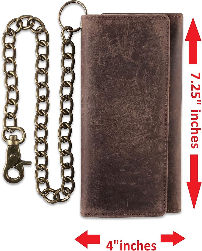 F&L CLASSIC RFID Blocking Mens Tri-fold Long Style Cowhide Leather Steel Chain Wallet,Antique dark brown - Image 4