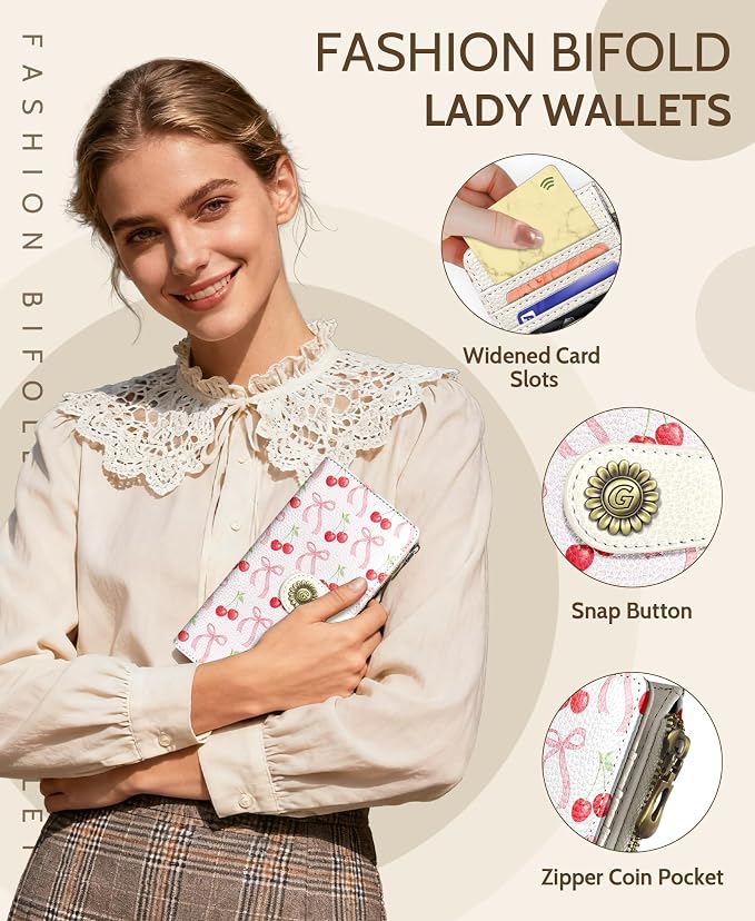 GIANCOMICS Cute Womens Wallet RFID Blocking, Bow Credit Card Holder Bifold | Billfold, Cute Cash Purse, Travel Zipper Coin Pocket, Compact Clutch, PU Leather, ID Window, 11 Card Slots, Ladies Gift Woman - Image 6