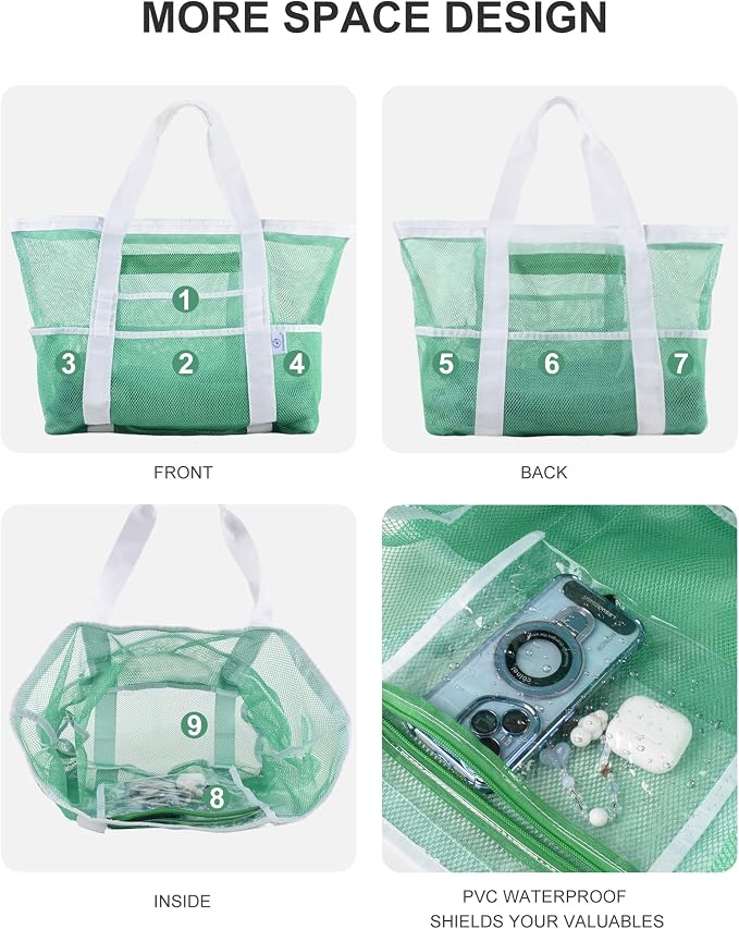 Genteen 40L Mesh Beach Bag, Foldable Sandproof Tote with Waterproof Pocket Quick Dry for Women Family Pool Vacation - Image 5