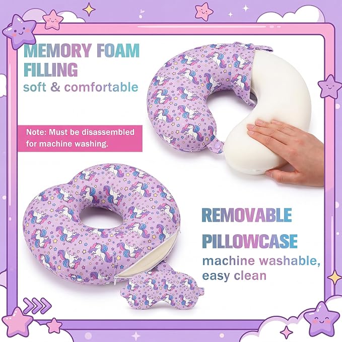 Gilprop 2 Pcs Unicorn Travel Pillow with Sleep Eye Mask, U Shaped Memory Foam Neck Pillow with Washable Cover, Soft Neck Head Support Travel Accessories for Airplane Car Train Bus Trips - Image 5