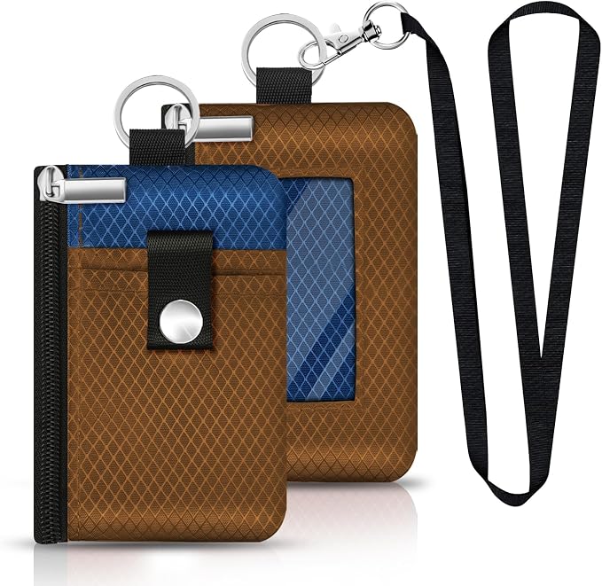 Minimalist RFID Blocking Small Wallet with ID Window,WaterResistant Zip Id Case Wallet with Lanyard Keychain for Cards,Cash,Travel,Women,Men (Brown/Electric Blue) by CCUMI