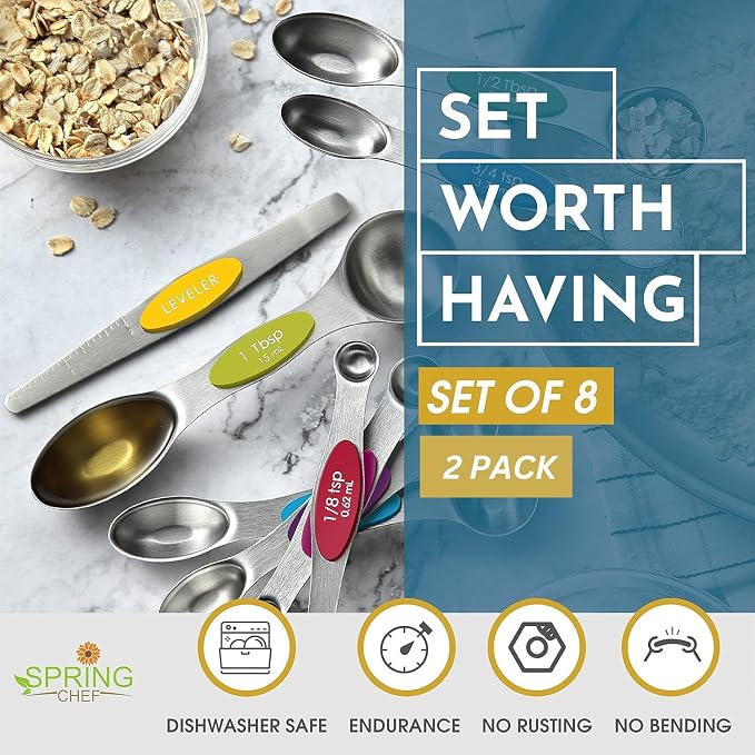 Spring Chef Stainless Steel 8 Magnetic Measuring Spoons, 2 Pack, Multicolor | Dual Sided Metal Teaspoon & Tablespoon Measuring Spoons with Leveler for Dry & Liquid Ingredients, Nesting, Dishwasher Safe - Image 2