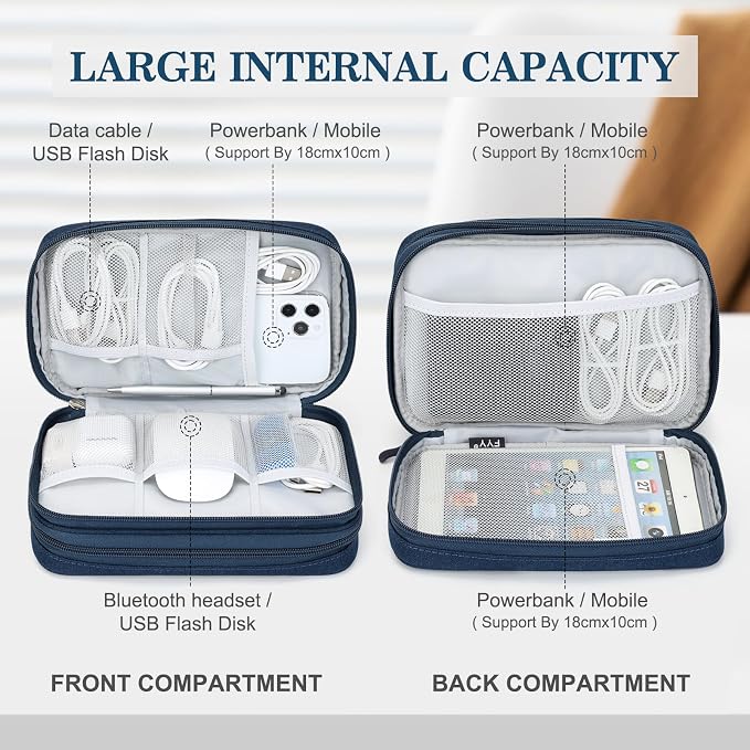 FYY Electronic Organizer, Travel Tech Pouch Bag, Large, Navy | Wrist Strap, Waterproof, Double Layers Portable Electronics Travel Carrying Case for Cord, Charger, Daily Business Trips Use - Image 3