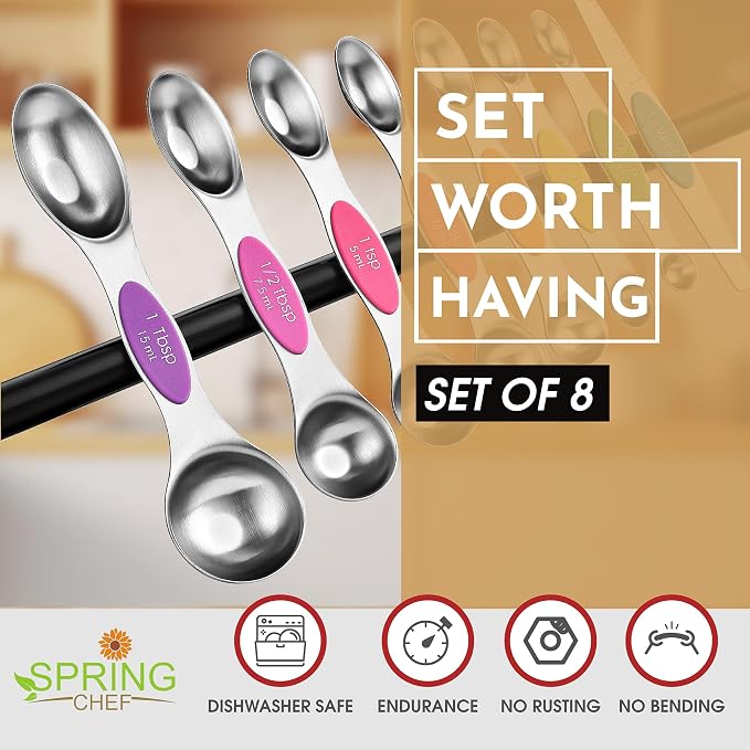 Spring Chef Stainless Steel Magnetic Measuring Spoons Set of 8, Neon | Dual Sided Metal Teaspoon & Tablespoon Measuring Spoons w/ Leveler for Dry & Liquid Ingredients, Fits in Kitchen Spice Jars - Image 2