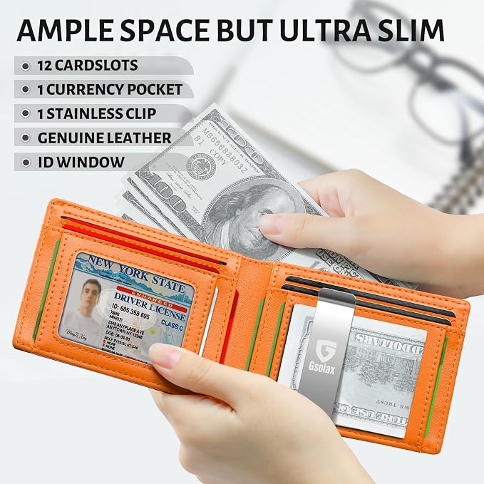 GSOIAX Slim Wallet for Men Rfid Blocking Leather Bifold Front Pocket Carbon Fiber Men's Money Clips Credit Card Holder With Gift Box (Carbon Orange money clip) - Image 3