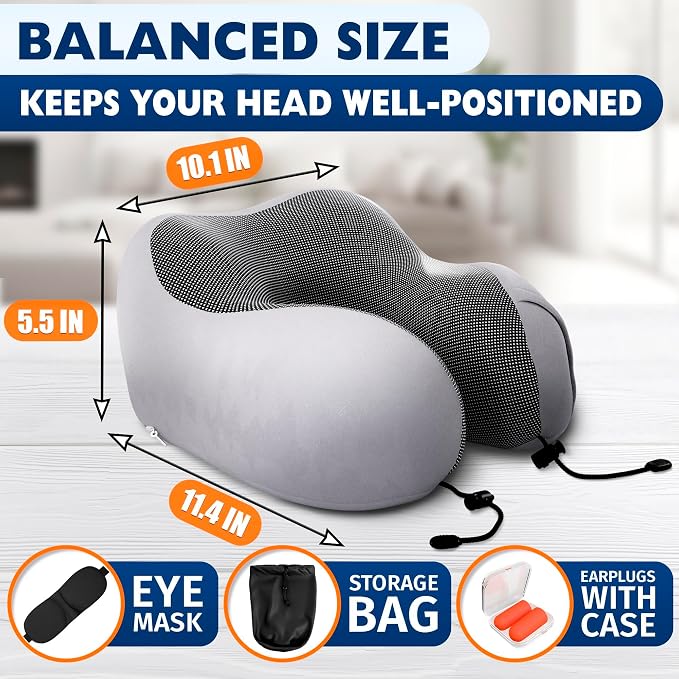 Travel Neck Pillow for Airplane, 100% Memory Foam (Gray) | 4-in-1 Set with 3D Eye Mask, Earplugs, Carry Bag, Washable Cotton Cover & Snap Buttons, Neck Pillow for Plane, Car & Train - Image 2