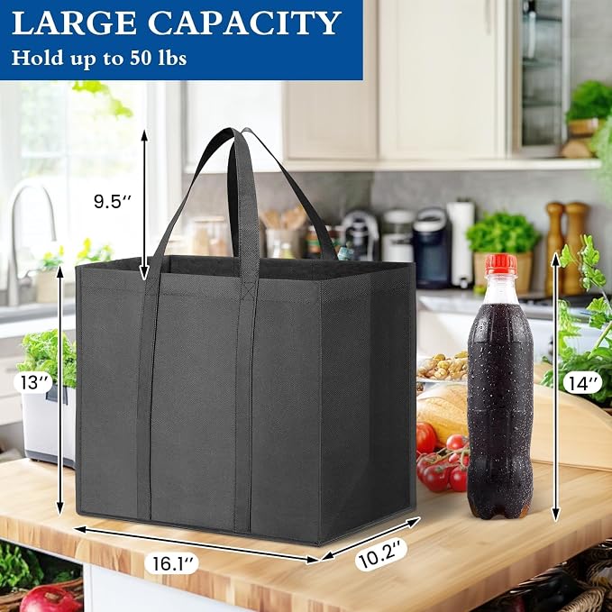 Reusable Grocery Shopping Bags 10 Pack Large Foldable Tote Bags Bulk | Eco Produce Bags with Long Handle for Shopping Groceries Clothes (Dark Grey & Black) - Image 4