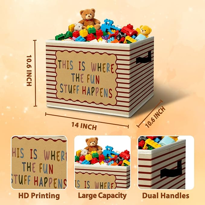 Rustic Playroom Storage Bins Boxes with Handles | toys books clothes, this is where the fun stuff happens nursery foldable basket for organizing bedroom toddler room playroom - Image 3