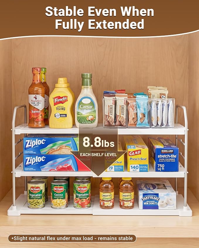 EVERIE Extendable 3-Tier Kitchen Cabinet & Pantry Organizer for Plastic Wrap, Foil & Storage Bags, Adjustable Heavy Duty Shelf Rack for Wrap Boxes, Jars & Snack Boxes (11–16.7 in Wide), Pack of 1 - Image 8