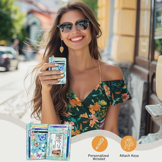 Yonlevres Credit Card Holder Slim RFID Wallet Women Small Butterfly Travel | Front Pocket, Handy, RFID Blocking, Woman Girls Ladies Gifts, D-ring for Keychain,Thin Mini Card Case, ID Window, PU Leather - Image 2
