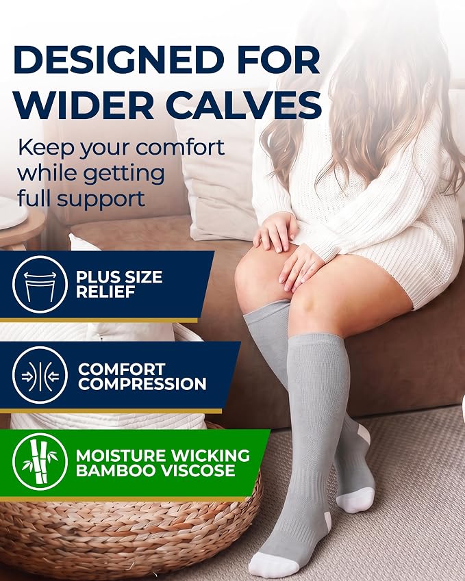 Pembrook 3 Pairs Plus Size Compression Socks Wide Calf - Bamboo Viscose Compression Socks for Women Wide Calf - Image 2