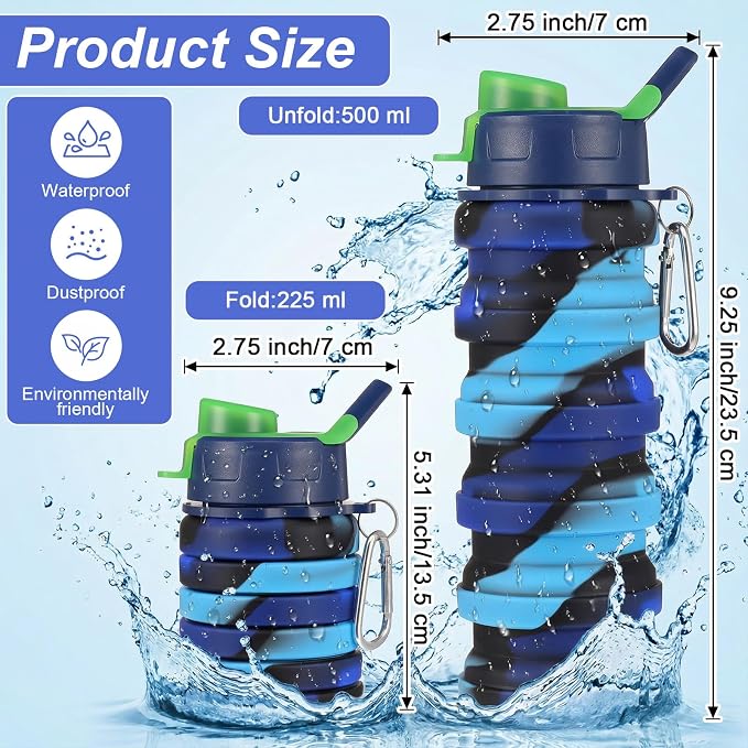 5 Pack Foldable Water Bottles, 16 oz Silicone Reusable Foldable Water Bottle, Portable Leak Proof Travel Sports Bottle with Metal Clip for Camping Hiking Gym, Colorful - Image 2
