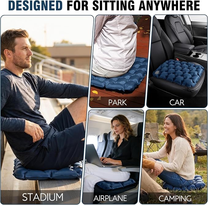 Inflatable Seat Cushion Portable Stadium Seat Lightweight Air Pad | Travel Cushion Airplane Seat for Long Flights Camping Hiking Bleacher Soccer Games Outdoor Events Office Chairs (Navy Blue) - Image 6
