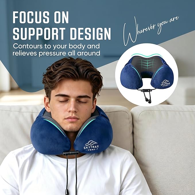 SkytraxComf® Travel Neck Pillow with Hood for Privacy on Long Flights | Memory Foam | Airplane Sleep | Safety-Tested Materials | Extra Large Hood | Chin Support | Earplugs | Washable Cover - Image 5