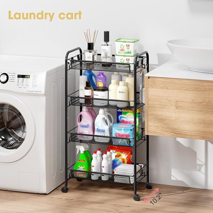 TOOLF 4-Tier Rolling Cart, Metal Utility Cart with 3 Hooks, Easy Assemble Mobile Storage Trolley On Wheels, Metal Shelving Units Kitchen Bathroom Laundry Room - Image 9