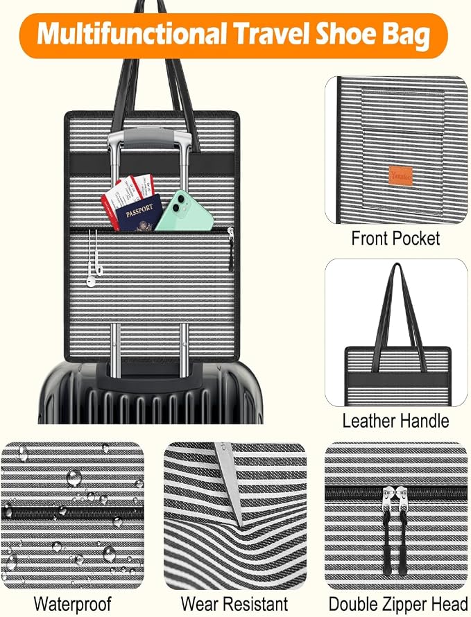 Yotako Shoe Bag for Travel with Leathers Handle Stripe | Shoe Organizer with Pockets,3 in 1 Hanging Luggage Shoe Storage Bag,Travel Shoe Bag for Women Men Fit 6 PCS Shoes - Image 4