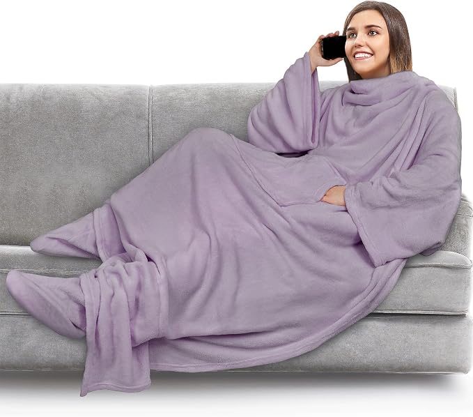 PAVILIA Fleece Blanket with Sleeves, Foot Pockets for Women Men Adults, Plush Wearable Blanket Throw Wrap, Warm Snuggle Blanket Robe, Cozy Gift Ideas for Wife Mom, Light Purple by PAVILIA