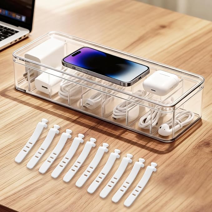 Cable Organizer Storage Box with Lid - Clear Phone Charger Cord Organizer Case - Cables Wire Management Box with Adjustable Compartments 10 Wire Ties for Drawer Desk Office Home Accessories(1 pack) by Ubyyddo