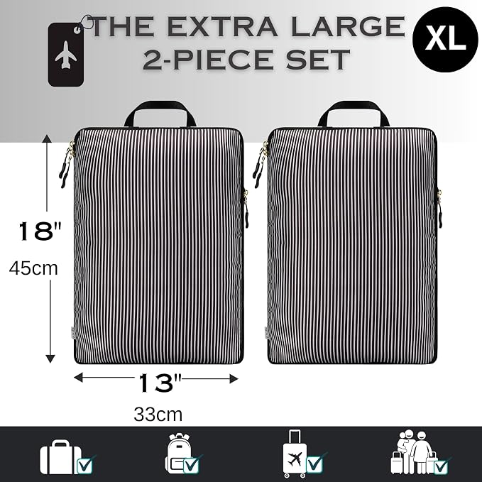 Extra Large Compression Packing Cubes for Checked Luggage, Lightweight Suitcase Organizers & Space Saver Bags - Travel Cubes for Packing - Travel Essentials - 2pc Set, X-Large - Black Stripe - Image 3