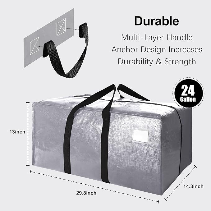 VELVETSURE 12 Pack Heavy Duty Extra Large Moving Bags W/Backpack Straps - Strong Handles & Zippers, Storage Totes For Space Saving, Fold Flat, Alternative to Moving Box and Storage Bin, Silver - Image 2