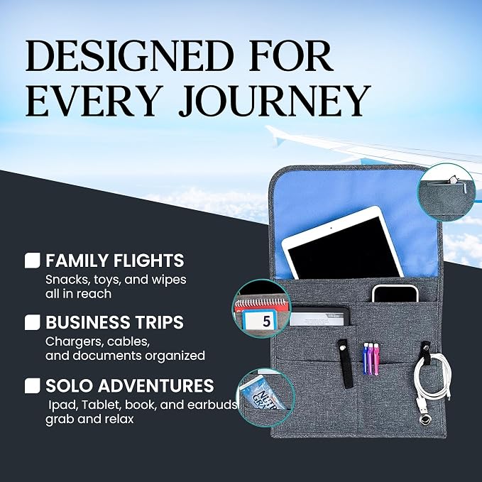 Airplane Pocket Organizer | Tray Table Cover | In Flight Seat Back Organizer Bag | Commuter Essential Travel Bag | Media Pouch For Flying | Travel Gift | Attaches To Luggage - Image 4