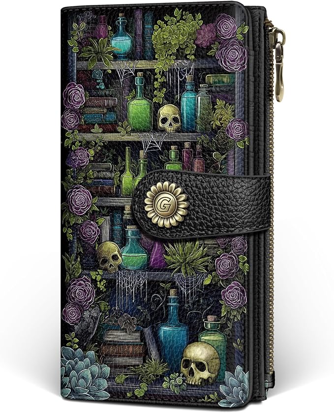 GIANCOMICS Goth Book Shelf Womens Wallet RFID, Credit Card Holder Bifold | Billfold, Cute Cash Purse, Travel Zipper Coin Pocket, Compact Clutch, PU Leather, ID Window, 11 Card Slots, Ladies Gift Woman by Giancomics
