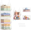 4" Extra Deeper Foldable Hanging Closet Organizer, Small Wire Cabinet Shelves and Storage with 5 S Hooks,4 Tier Metal Basket Bins for Clothes Sweaters Handbags, Wardrobe for Kitchen Laundry Room，White by X-cosrack