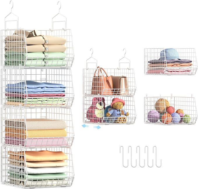 4" Extra Deeper Foldable Hanging Closet Organizer, Small Wire Cabinet Shelves and Storage with 5 S Hooks,4 Tier Metal Basket Bins for Clothes Sweaters Handbags, Wardrobe for Kitchen Laundry Room，White by X-cosrack