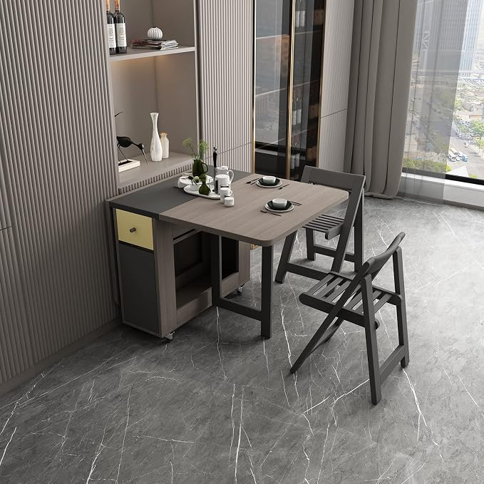 Drop Leaf Folding Dining Table with Storage, 2 Drawers, Grey | 3 Foldable Forms, Space Saving, Movable on Casters, for Kitchen Dining Living Room, Extendable, Versatile - Image 2