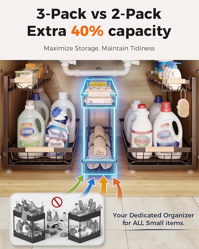3-Pack 2-Tier Height Adjustable Under Sink Organizer, Brown | Multi-purpose metal storage shelf with sliding shelves for kitchen, bathroom, pantry & laundry cabinet - Image 4