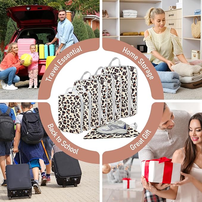 6 Set Compression Packing Cubes, Suitcase Organizer, Lightweight Travel Essentials, Compression Bags For Travel Accessories Luggage Storage Set (6Pcs, Brown Leopard) - Image 7