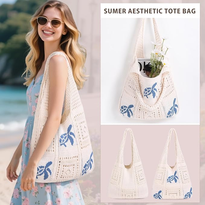 Sightor Crochet Tote Bag, Mesh Beach Bag Knit Summer Hobo Bag for Women | Beach Tote bag Vacation Outfits Aesthetic Boho Bag - Image 6
