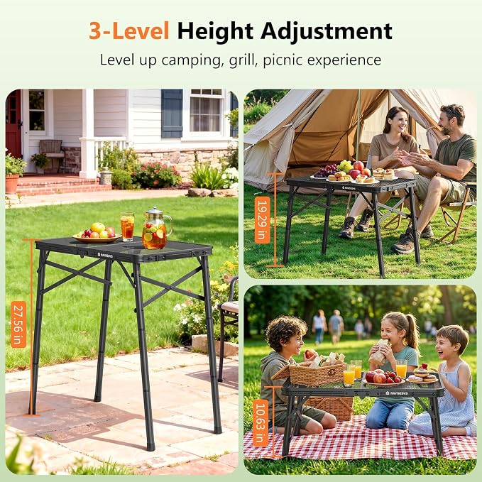 Raynesys Portable Folding Grill Table for Outside for Picnic, Camping | 3 Height Adjustable Small Camping Table with Mesh Bag, Metal Aluminum Folding Table, 23.62 x 15.75 inches, Black - Image 4