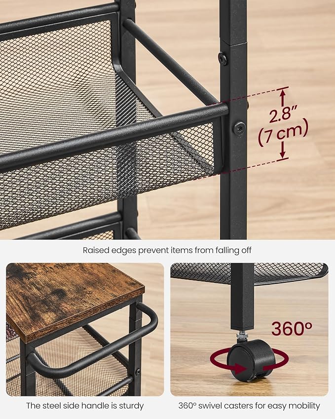 VASAGLE Slim Rolling Cart, 5-Tier, 8.7 Inches Deep, Steel Frame | Storage Cart with Handle, Narrow for Kitchen, Living Room, Rustic Brown and Matte Black, DACEY Collection ULRC035B01 - Image 7