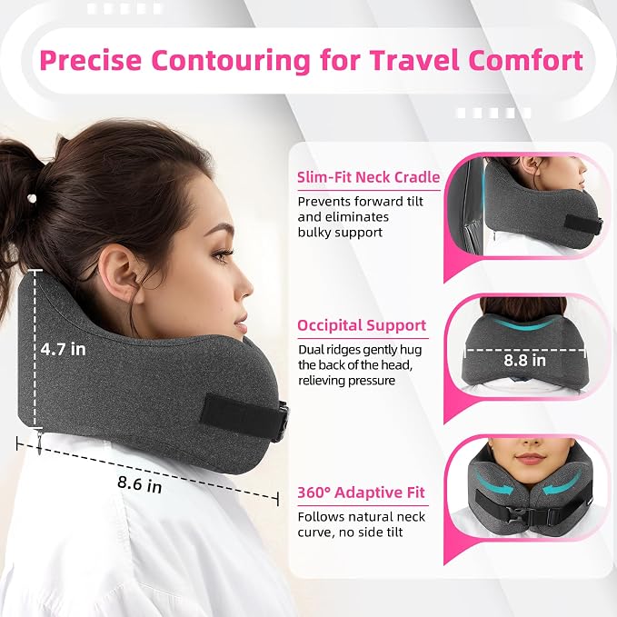 Neck Pillow Airplane Travel Set - Pure Memory Foam Travel Pillow for Long Flights Essentials, Sleeping with 3D Contoured Eye Mask, Earplugs, Portable Bag (Grayish) - Image 3