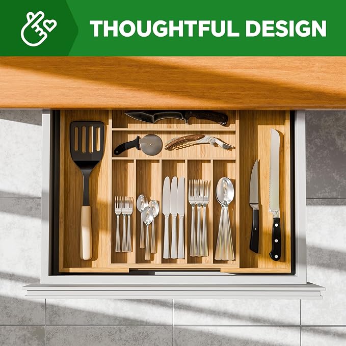 Simple Trending Expandable Bamboo Kitchen Drawer Organizer, Natural | Adjustable Silverware Organizer with 9 Compartments, Practical Utensil Cutlery Tray for Flatware, Flexible Storage - Image 5